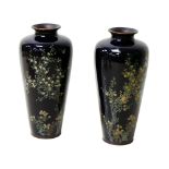 A pair of Meiji cloisonne vases, decorated blossoming branches and birds, a/f, 19cm high. (2)