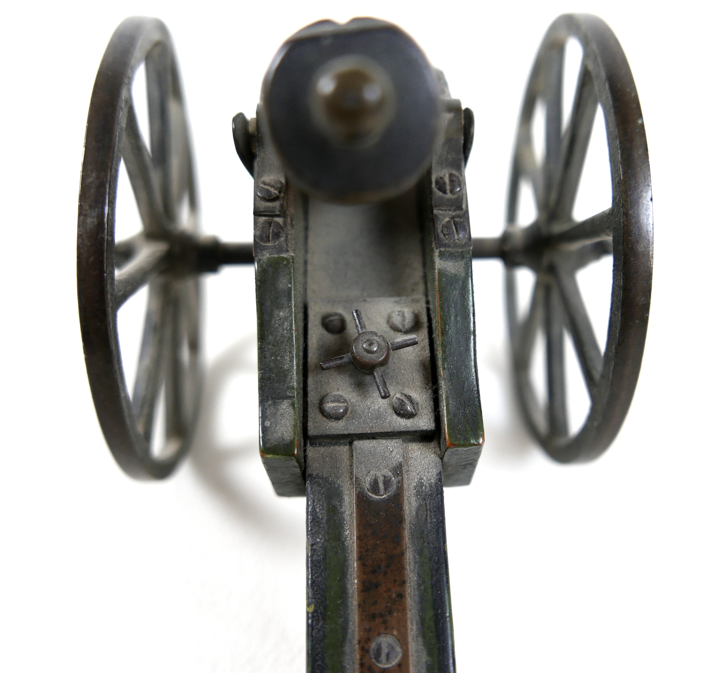 A miniature bronze canon, probably French 19th century, on wooden carriage with cast metal wheels, - Image 10 of 12