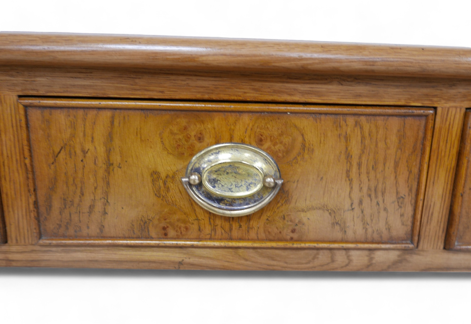 A new burr oak four drawer side/hall table, 126cm by 32cm by 77cm. Made by a cabinet maker to a high - Image 5 of 9