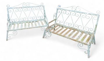 A pair of grey metal rectangular back garden benches, with slat seats (2)