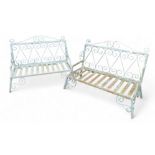 A pair of grey metal rectangular back garden benches, with slat seats (2)