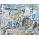 Ilya Sorkin (Russian, b. 1934): buildings and courtyard, oil on board, 31 by 39cm, framed, 53 by