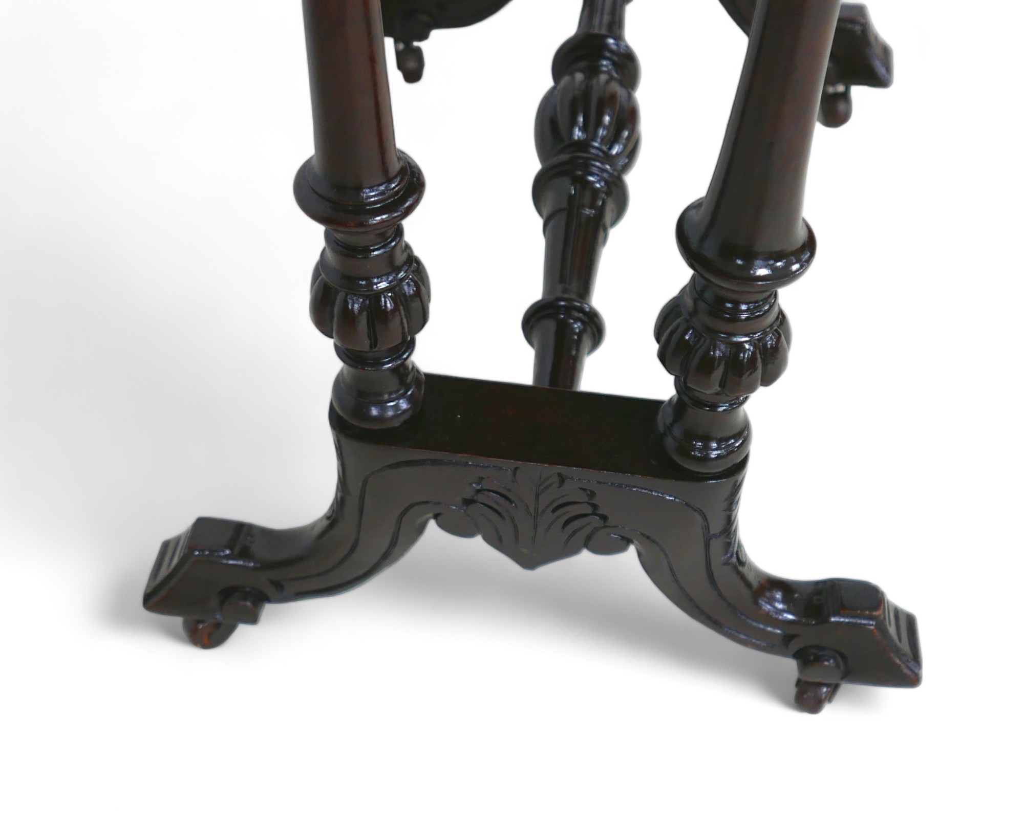 A Victorian burr walnut workbox with a fitted interior on turned pillar supports united by a - Image 3 of 11