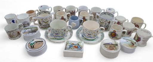 A mixed group of ceramics, including paste pots and covers, 17 Royal Commemorative mugs and three