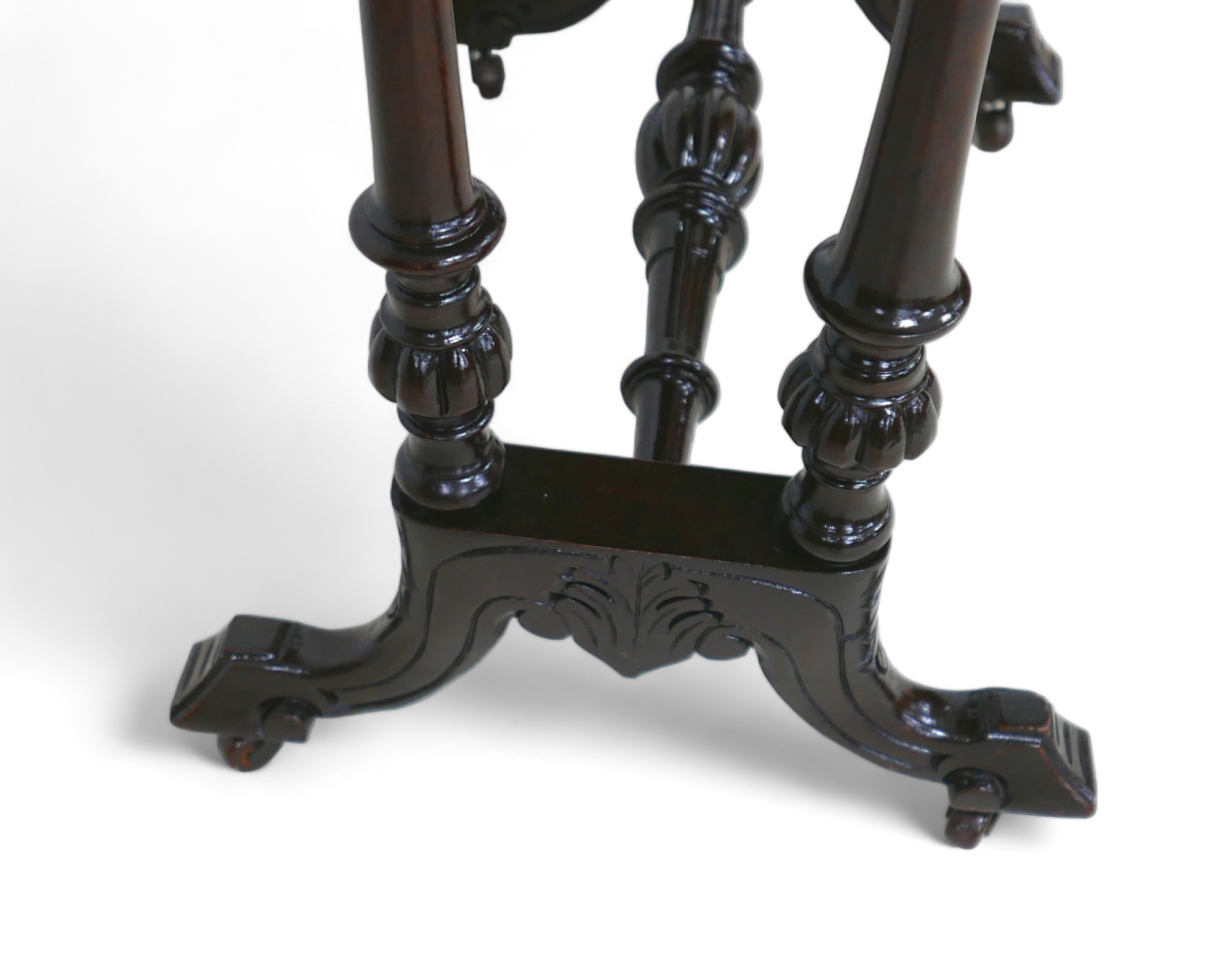 A Victorian burr walnut workbox with a fitted interior on turned pillar supports united by a - Image 2 of 11