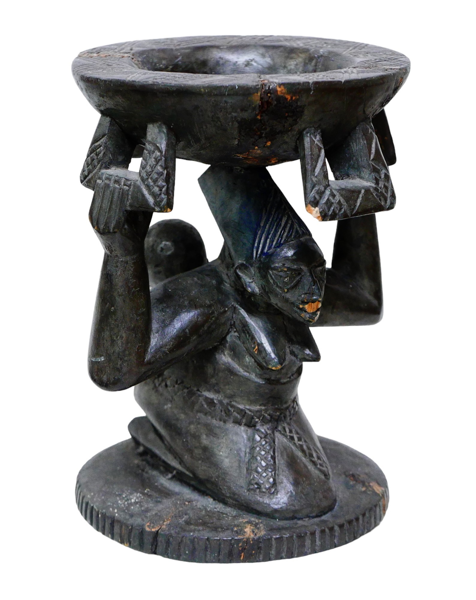 An African tribal hard wood divination bowl, with carved figures of a mother and child to its