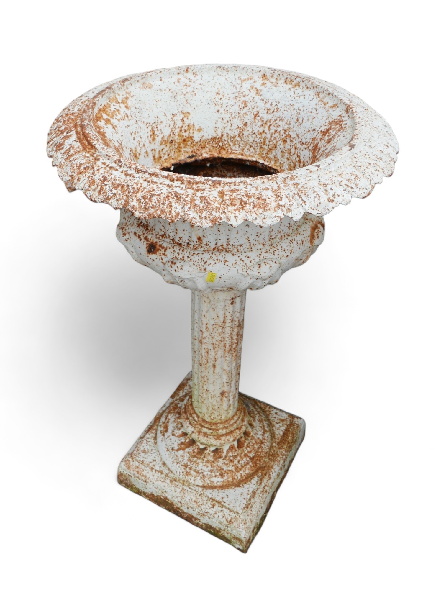 A white cast iron garden urn on square pedestal. - Image 3 of 5