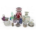 A collection of ten scent bottles and lidded bottle, tallest 16cm. (11) The two square bottles