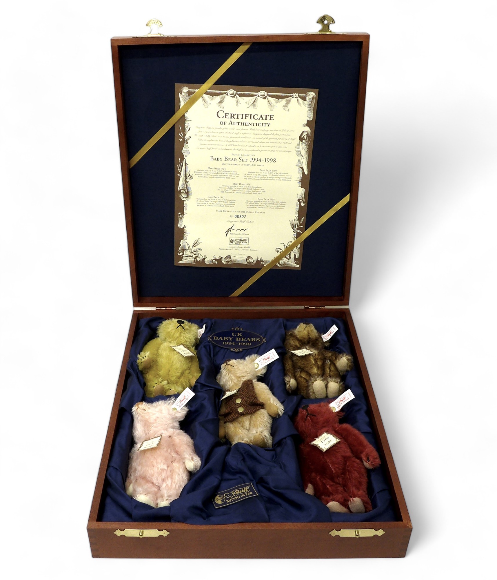 Steiff British Collectors Baby Bears 1994 - 1998 in presentation wooden box. Five 16cm bears with - Image 2 of 9