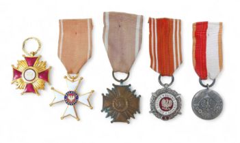 A group of five Polish orders and medals, comprising Knight's cross, Order of Polonia Resituta,