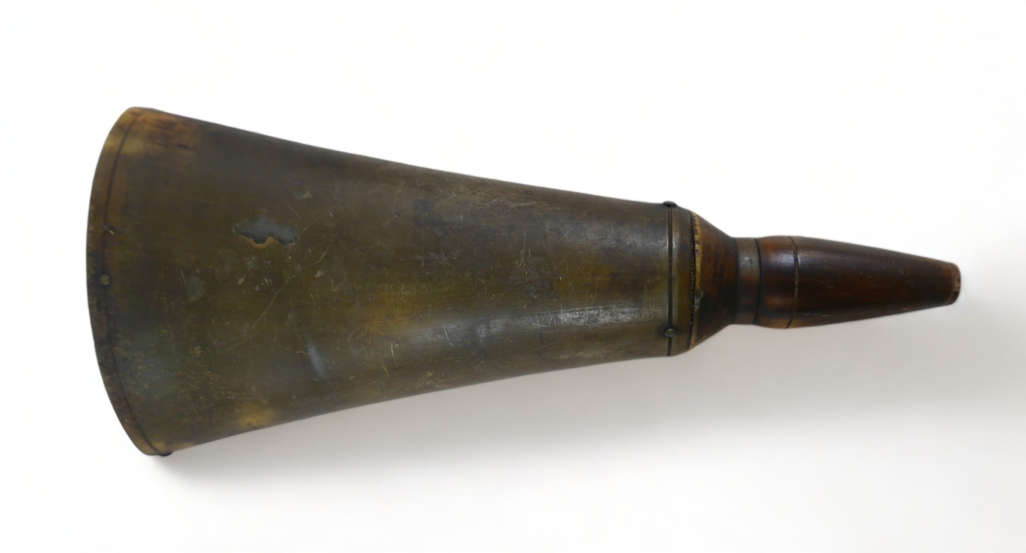 A brass and copper black powder flask and a horn shot flask, shot flask includes contents of shot. - Image 4 of 9