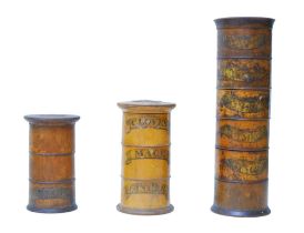 Three 19th century wooden spice towers, comprising a five-section with indistinct labels, 9.5 by