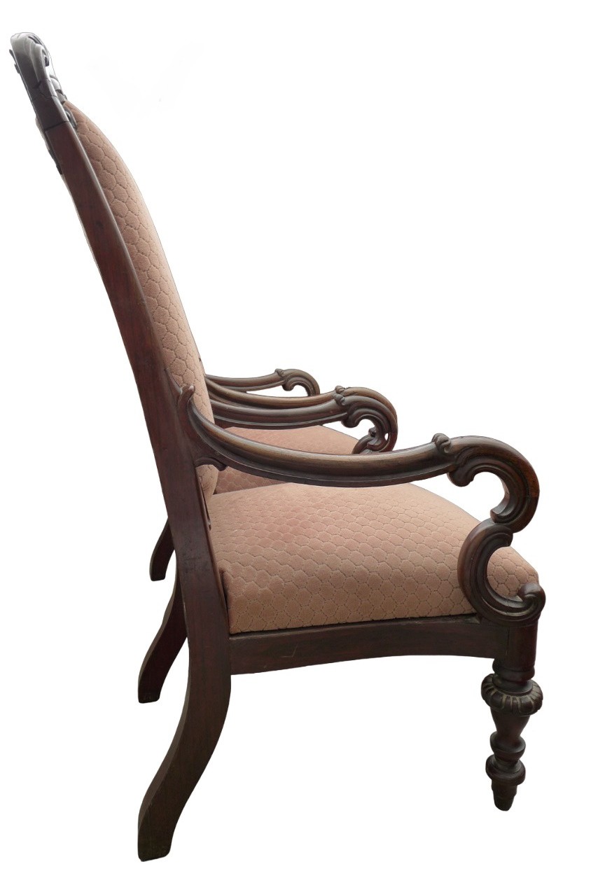 A pair of mid Victorian mahogany open arm chairs, with carved top rail, padded back and seat, - Image 2 of 7