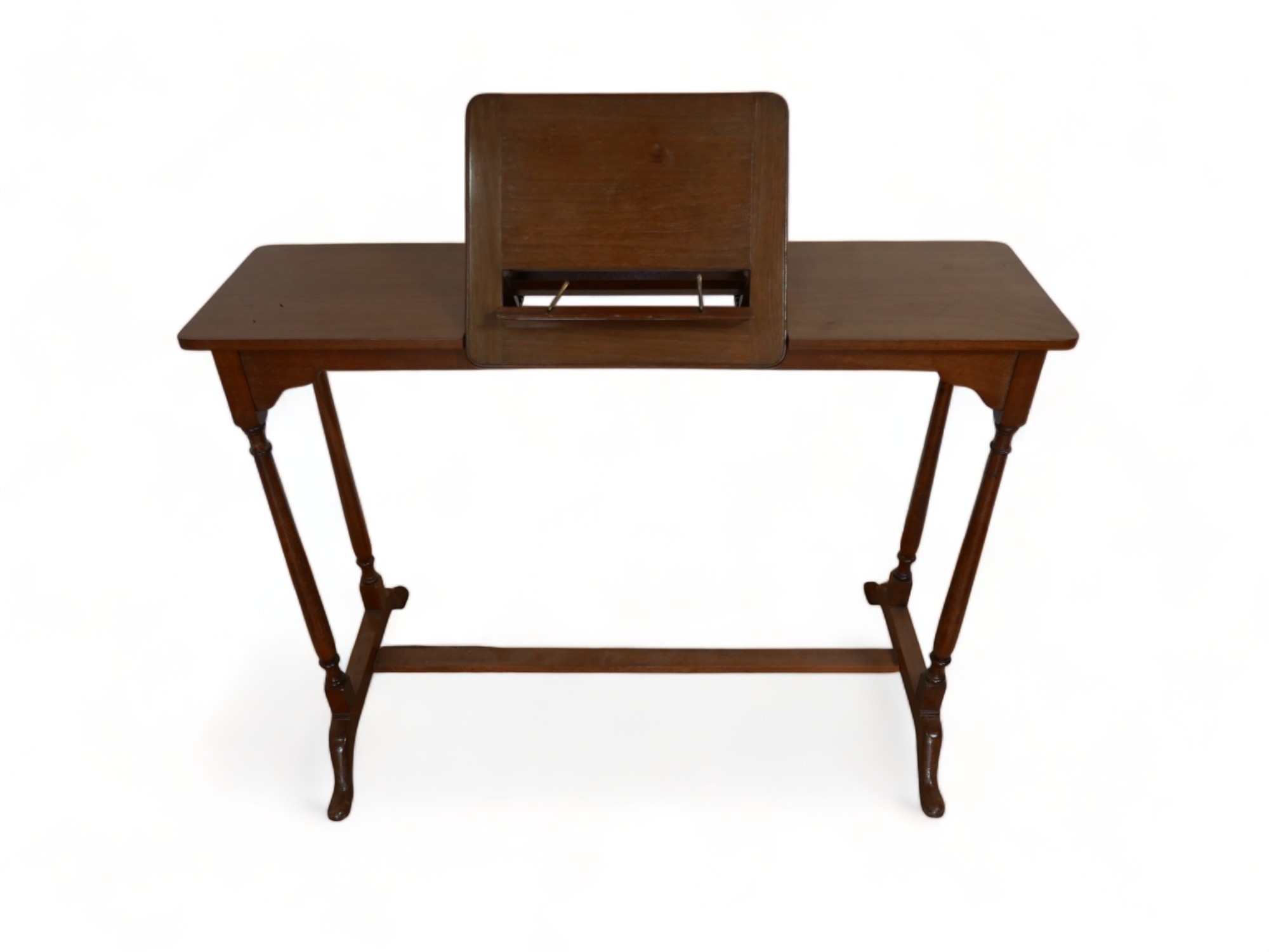 An early 1900s mahogany library reading table with a folding bookrest 93.5 by 46.5 by 68.5cm tall. - Image 3 of 11