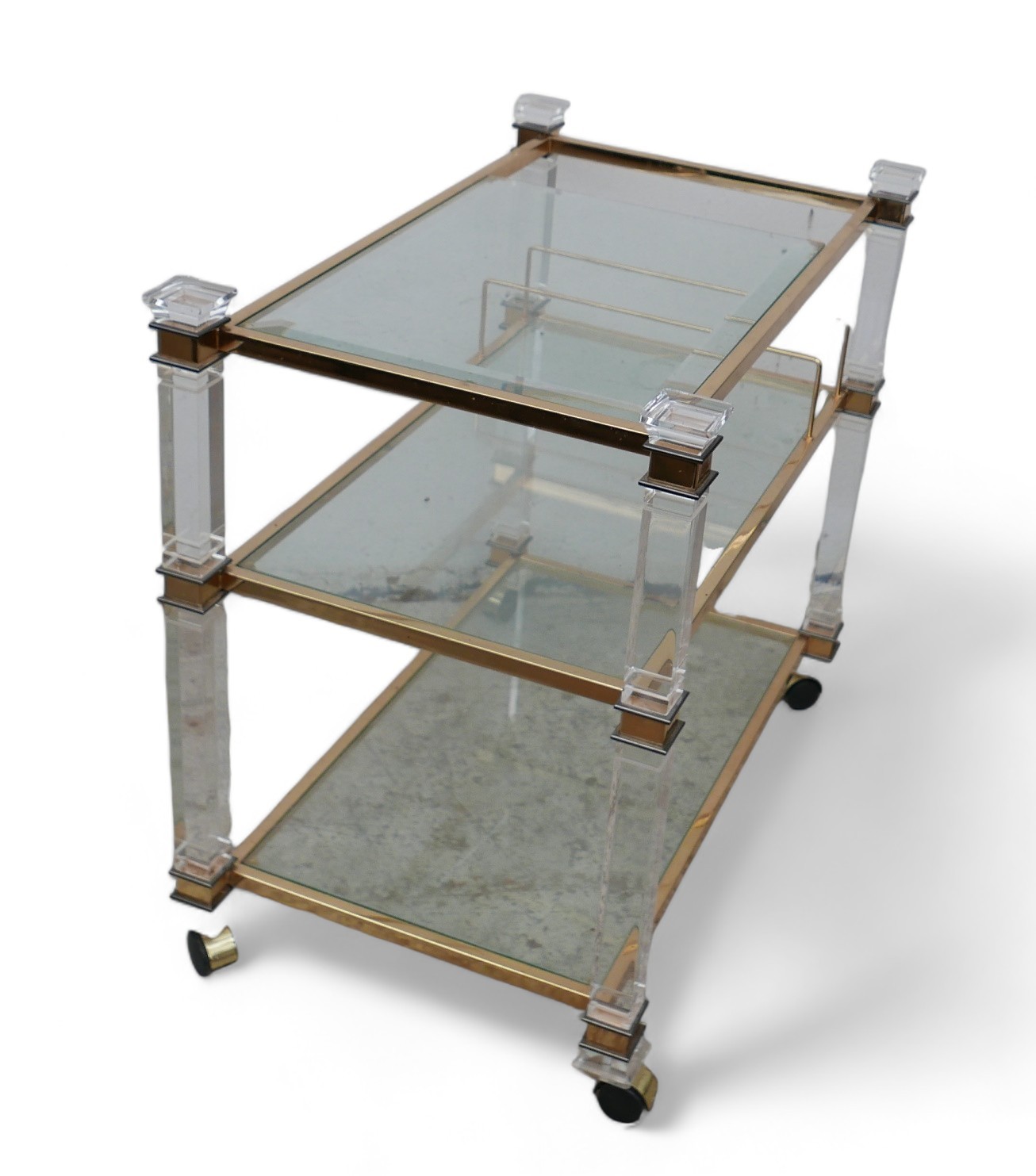 A clear glass and brass /gilt drinks trolley, three tier, rectangular, Italian. - Bild 2 aus 6