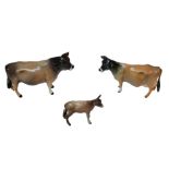 Three Beswick figurines of Jersey cattle, comprising bull 'Dunsley Coy Boy', 11cm high, a cow '