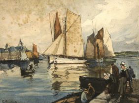 Henri Alphonse Banoin (French, 1882-1940): A harbour scene with figures on the Quai in Brittany,