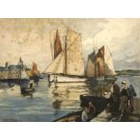 Henri Alphonse Banoin (French, 1882-1940): A harbour scene with figures on the Quai in Brittany,