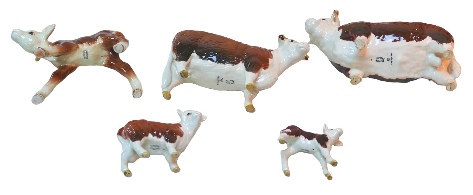 Five Beswick Hereford cattle figurines, comprising 'Champion of champions' Bull, 11.5cm high, a - Image 3 of 3