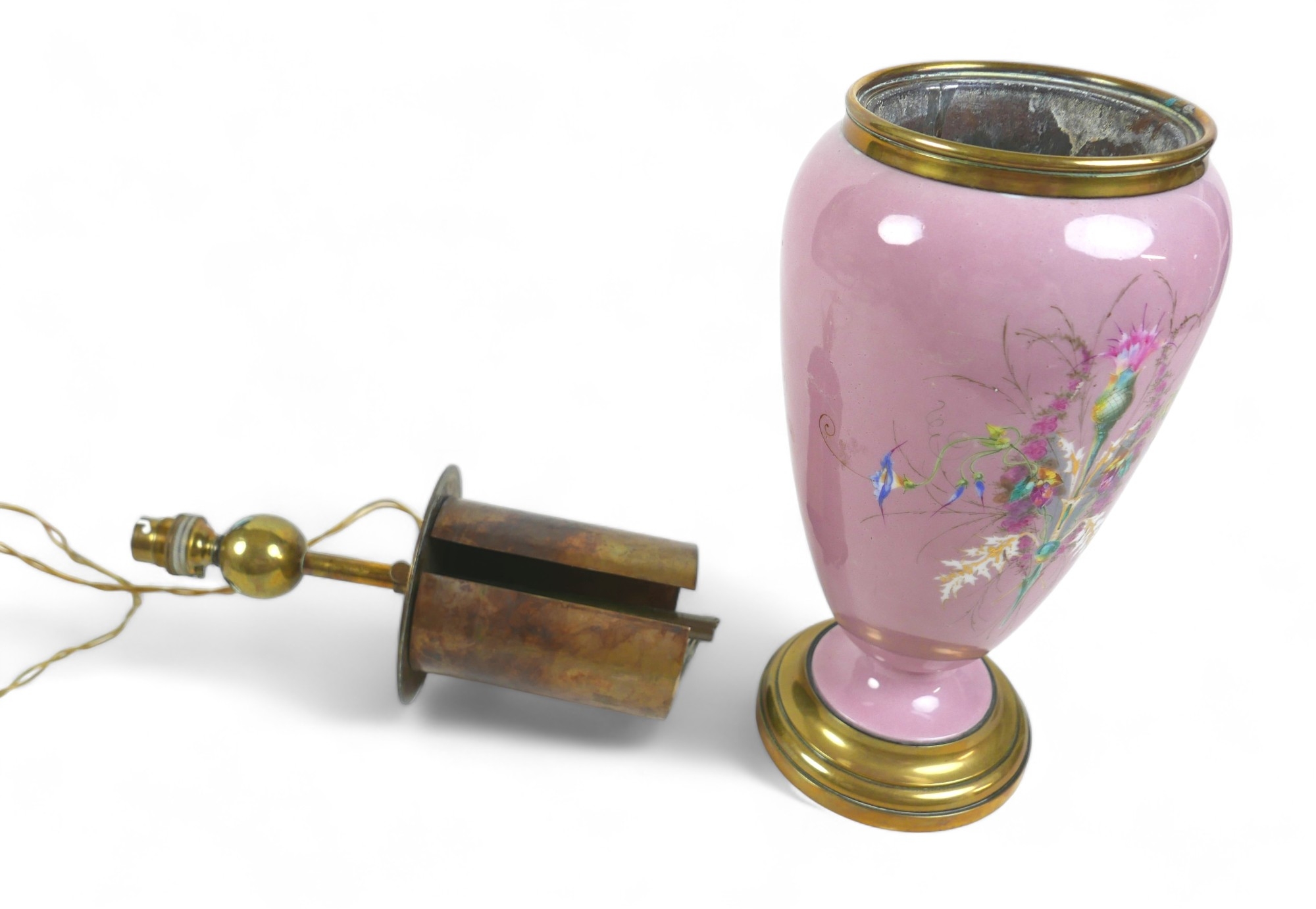 An early 20th century china table lamp, of vase form decorated with a floral spray against a pink - Image 7 of 7