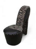 An unusual high heel ladies shoe shaped side chair in faux Zebra covering, very Priscila Queen of