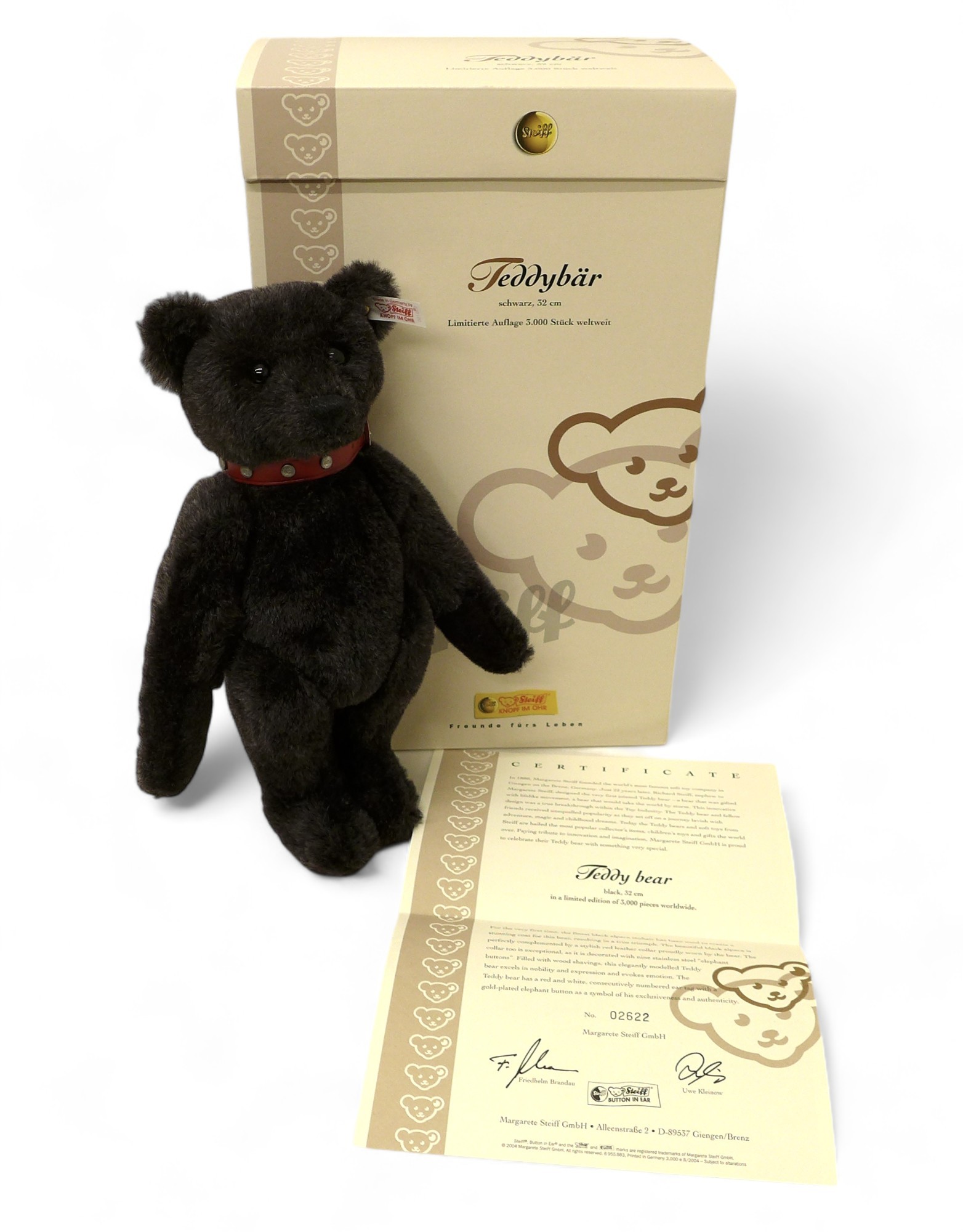 Steiff Teddy Bear Black Bear with red studded collar, Black mohair, poseable five jointed bear,