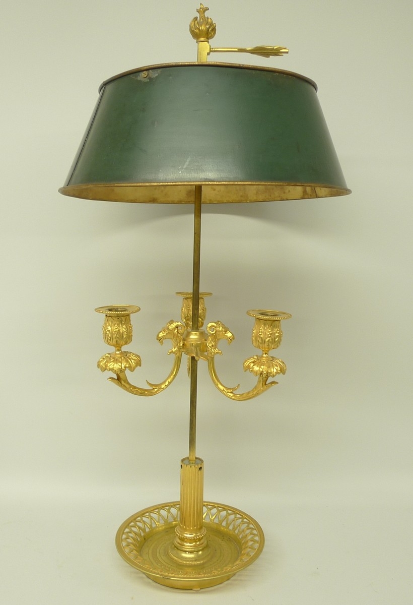 An early 20th century French ormolu bouillotte lamp, the three branches with rams head terminals - Image 7 of 22