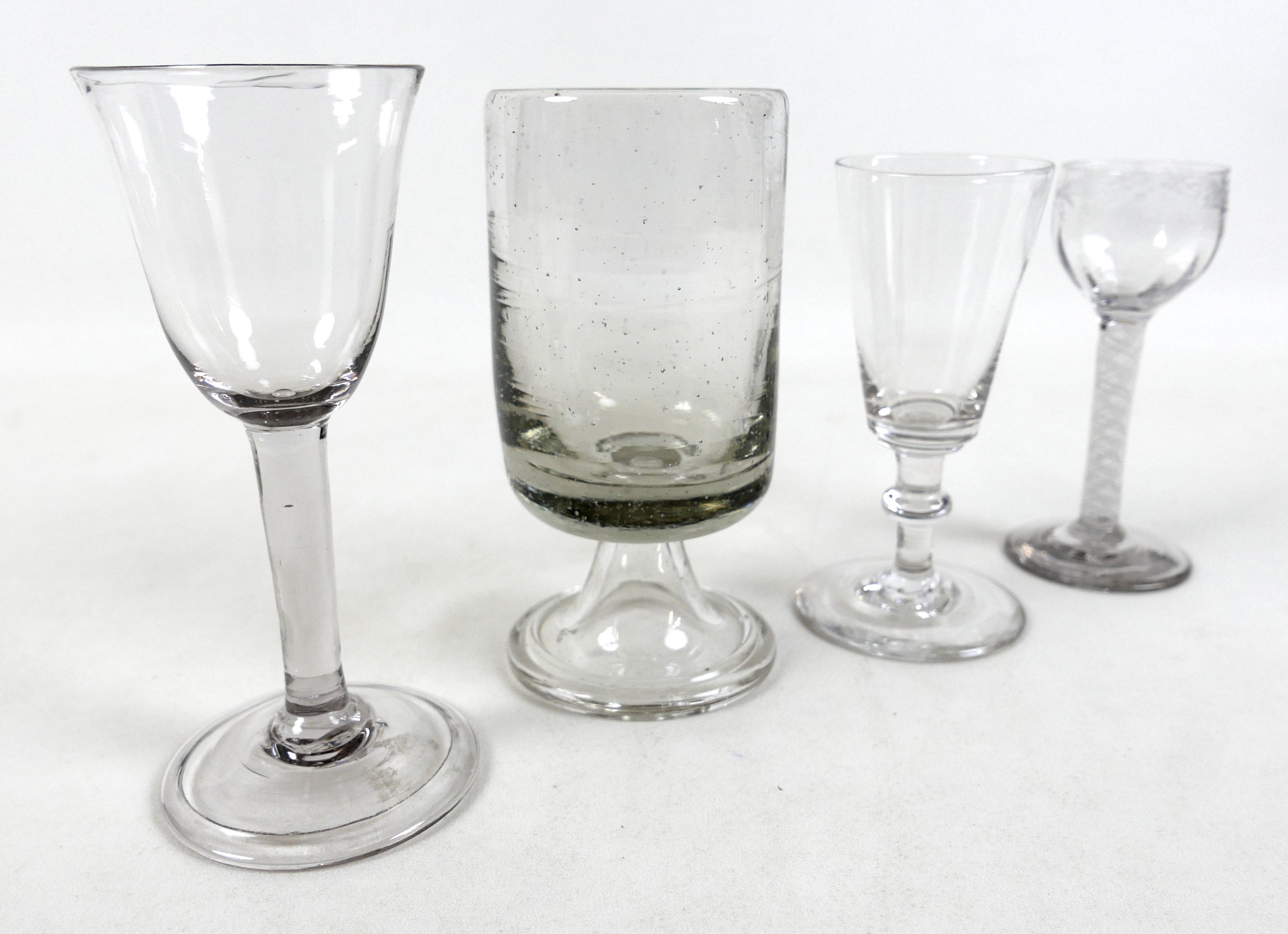 Four 18th century drinking glasses including an air twist cordial glass, largest 7.5cm diameter 16cm - Image 9 of 12