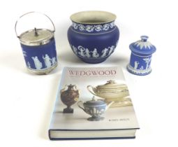 A Wedgwood jasper ware biscuit barrel, An Adams jasper ware jardiniere and a jasper ware lidded pot,