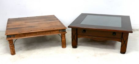 Two modern coffee tables, one with full width drawer, and glass inset top, 105 by 105 by 44cm