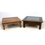 Two modern coffee tables, one with full width drawer, and glass inset top, 105 by 105 by 44cm