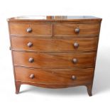 A 19th century mahogany bow fronted five drawer chest on splayed bracket feet, 107cm by 50cm by