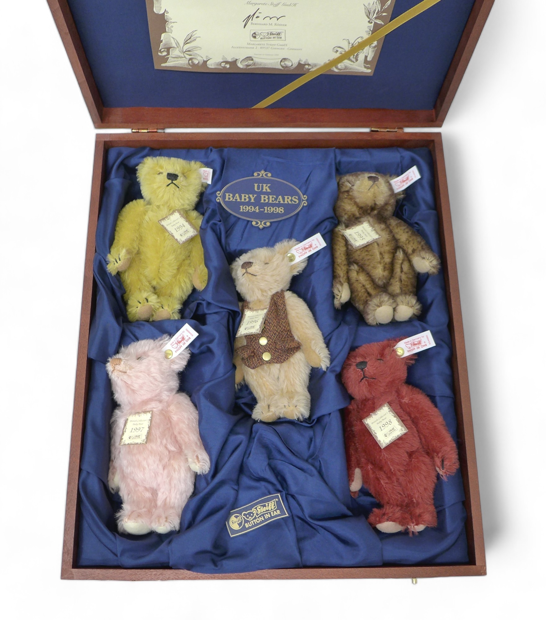 Steiff British Collectors Baby Bears 1994 - 1998 in presentation wooden box. Five 16cm bears with - Image 5 of 9