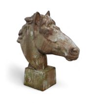 A cast metal model of a horse’s head, on square base.