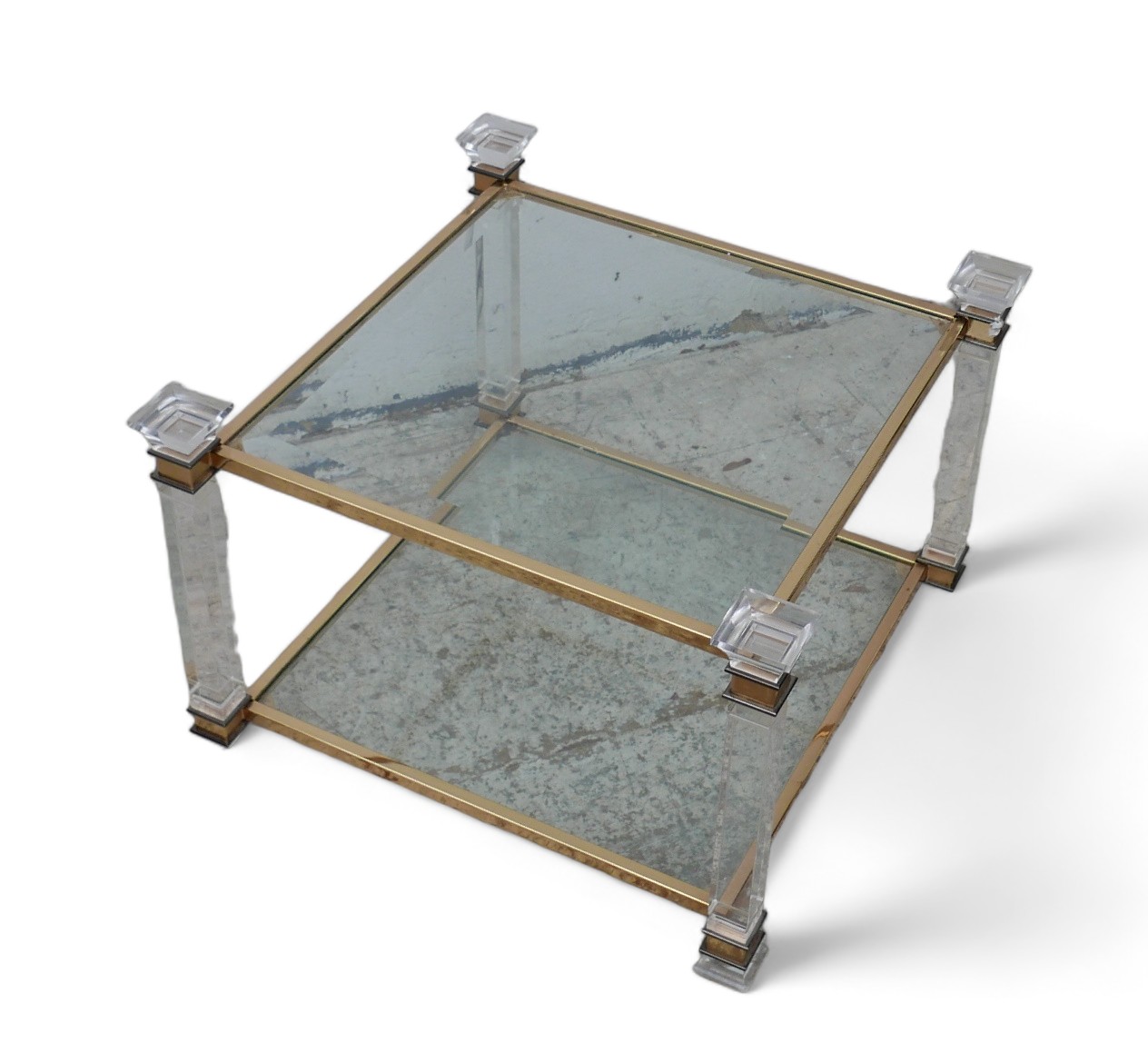 A clear glass and brass /gilt side or coffee table, two tier, square Italian. - Bild 3 aus 4