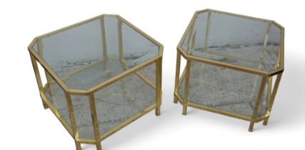 A pair of brass edged two-tier side tables, with octagonal cut-corner glass tops (2)