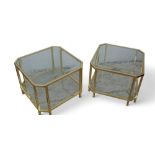 A pair of brass edged two-tier side tables, with octagonal cut-corner glass tops (2)