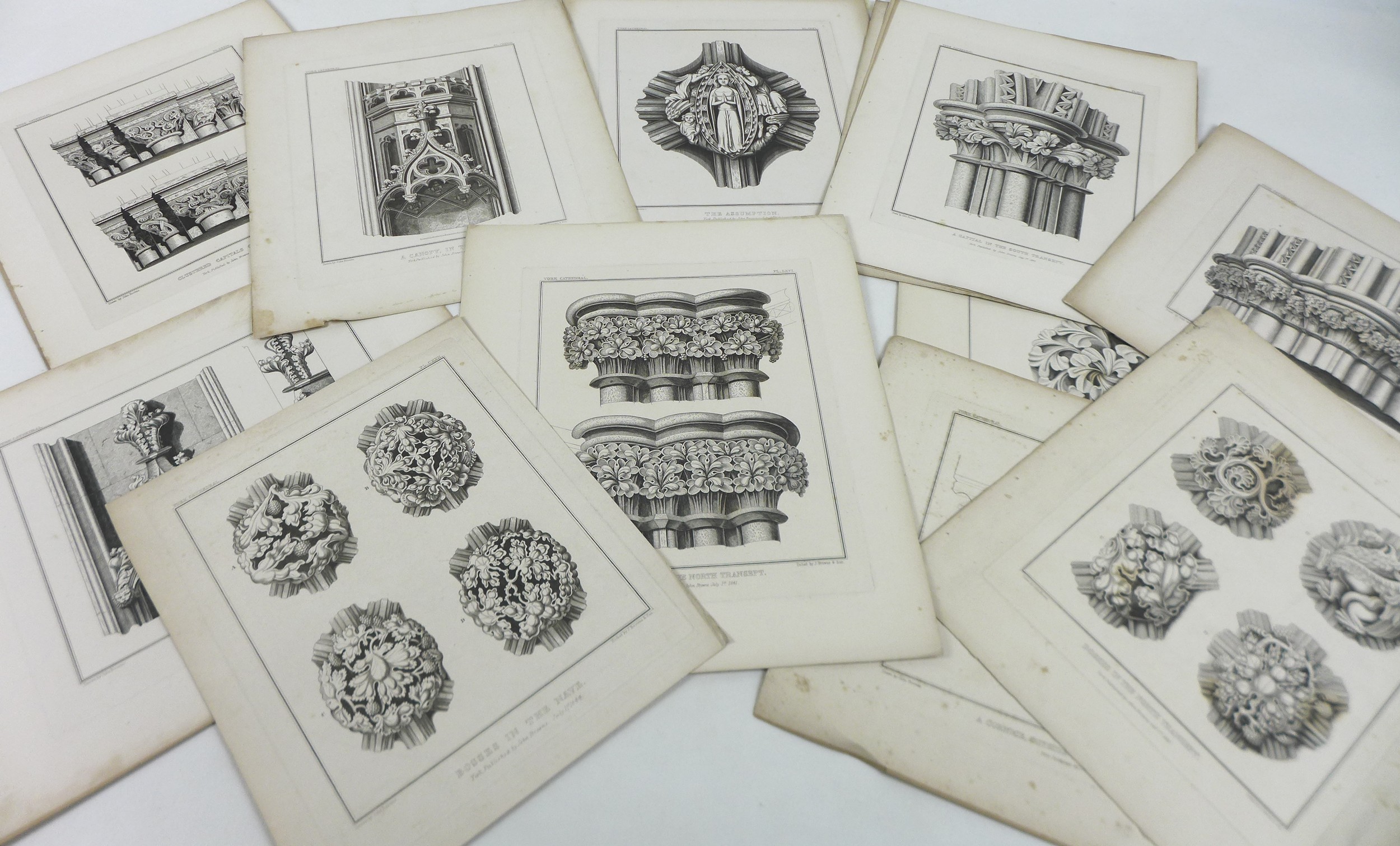 A collection of unframed prints, fifteen of York Cathedral - architectural studies, 30 by 36cm, - Image 6 of 16