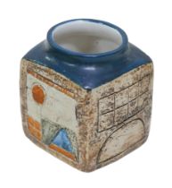 A Troika studio pottery square section vase, blue, brown orange glazed and incised decoration,