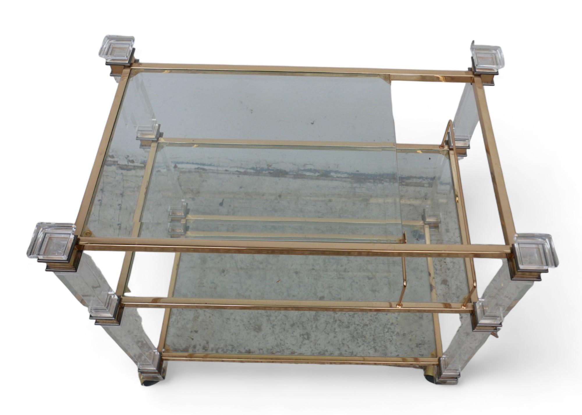 A clear glass and brass /gilt drinks trolley, three tier, rectangular, Italian. - Bild 6 aus 6