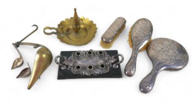 A mixed group of silver and plated items, including three piece, silver backed brush ad mirror