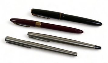 A 14ct gold nibbed Parker fountain pen, a Sheaffer pen with 14ct gold collar, together with two