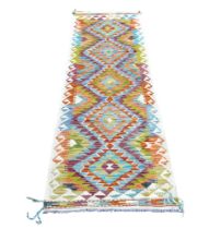 White edged multicolour geometric 100% hand knotted woollen runner rug, 198 by 64cm.