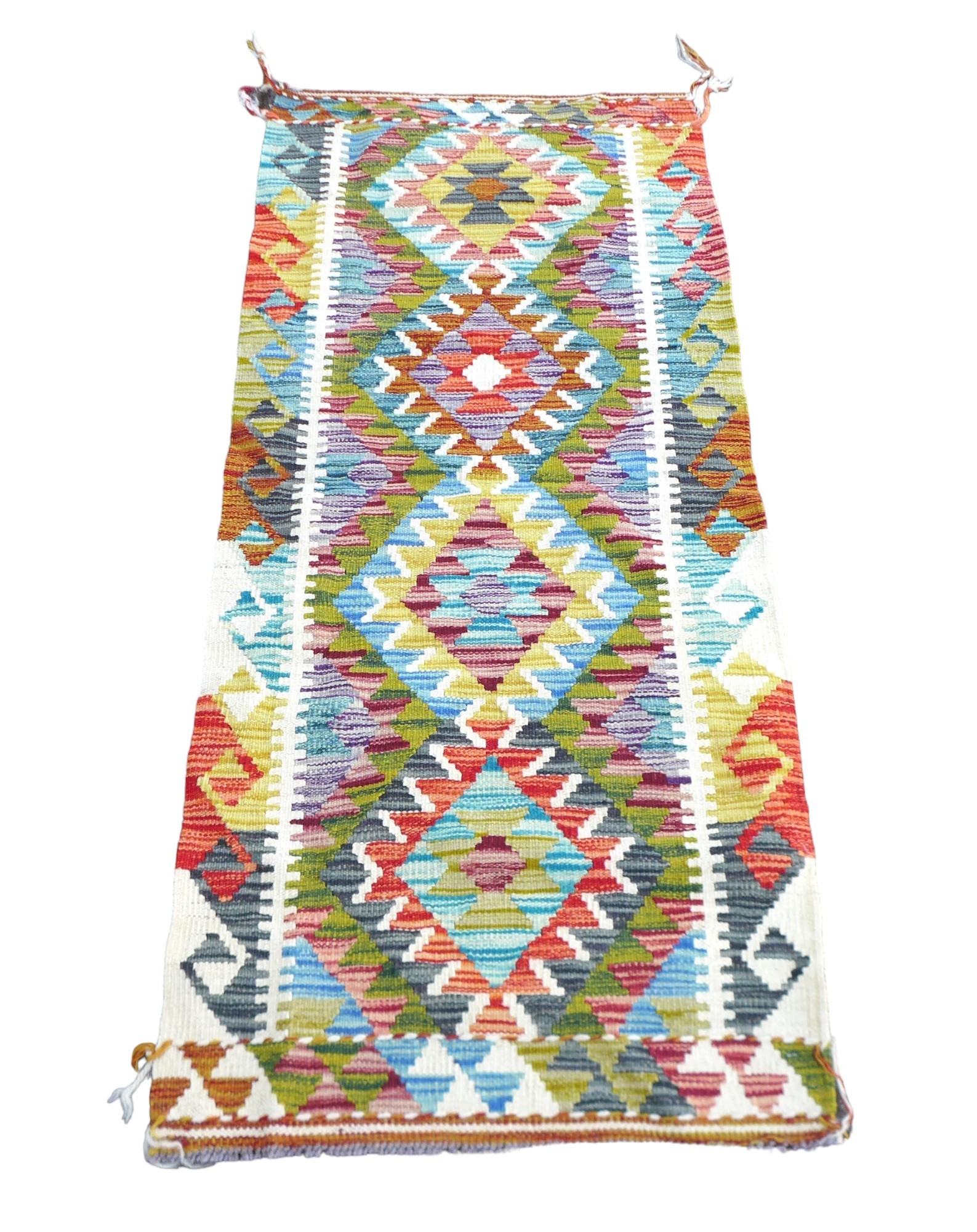 Multicoloured geometric hand knotted woollen carpet runner rug, 152 by 67cm.