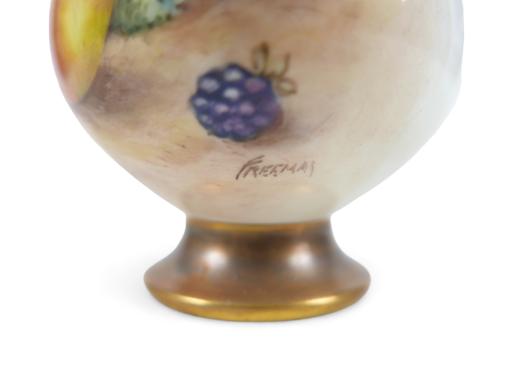 A Royal Worcester bone china single stem vase with fruit decoration by Freeman, 9cm by 20cm tall. - Image 2 of 7