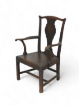 A George ll ash and elm scroll arm open armchair with solid seat, 71 by 46 by 101cm tall.