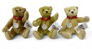 Three Steiff Anniversary Bears, Cinnamon bear, no. 02750, Brass bear, no.02325, and Light Blond