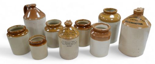 A group of stoneware pots and jugs, one stamped with 'White Bros Botanical Brewers, Leicester. (9)