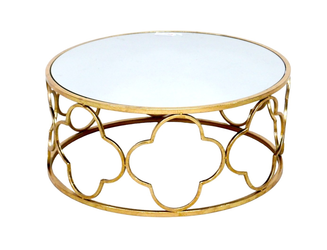 A modern mirror topped coffee table, the circular surface on a brass effect open frame base formed