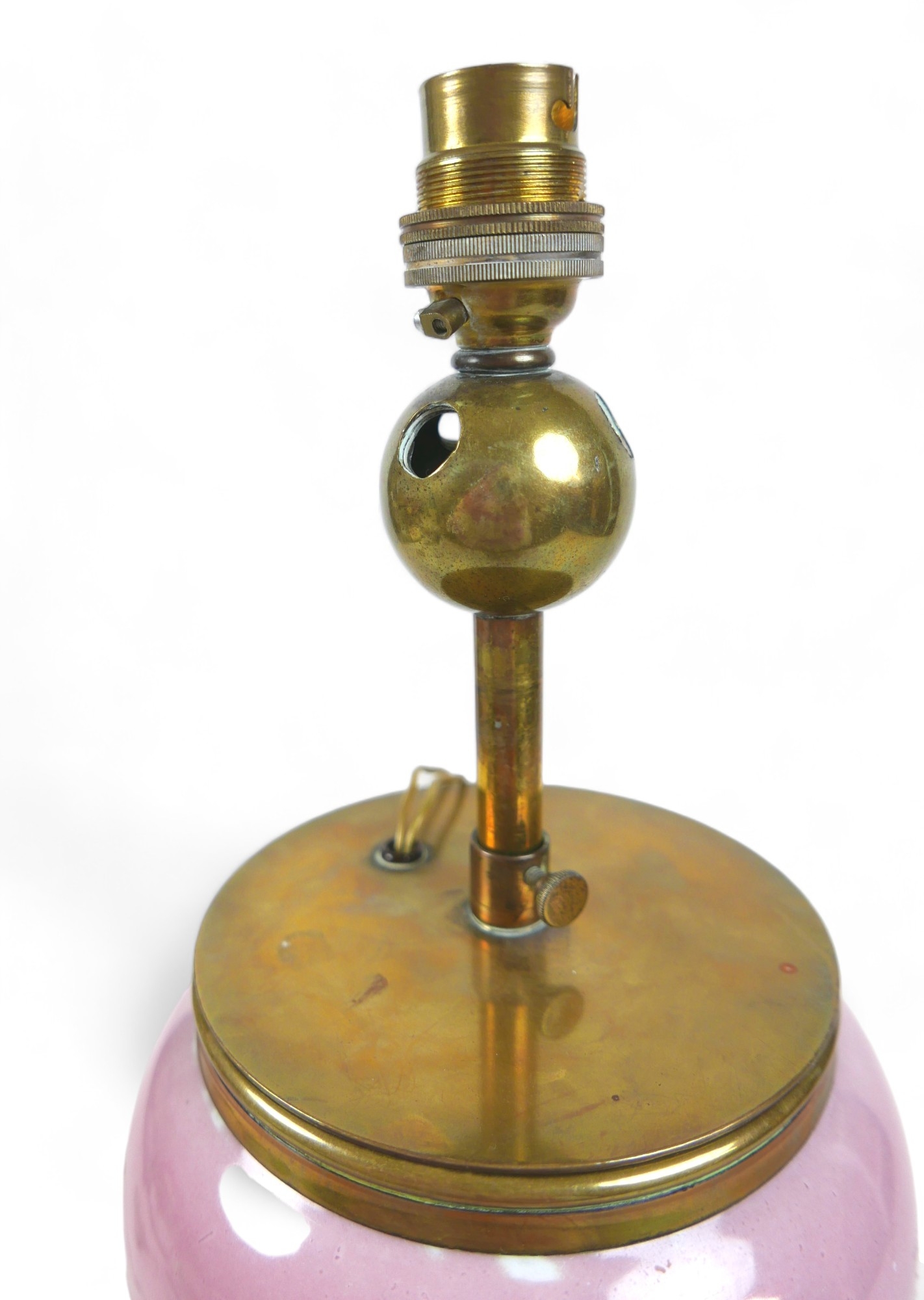 An early 20th century china table lamp, of vase form decorated with a floral spray against a pink - Image 4 of 7